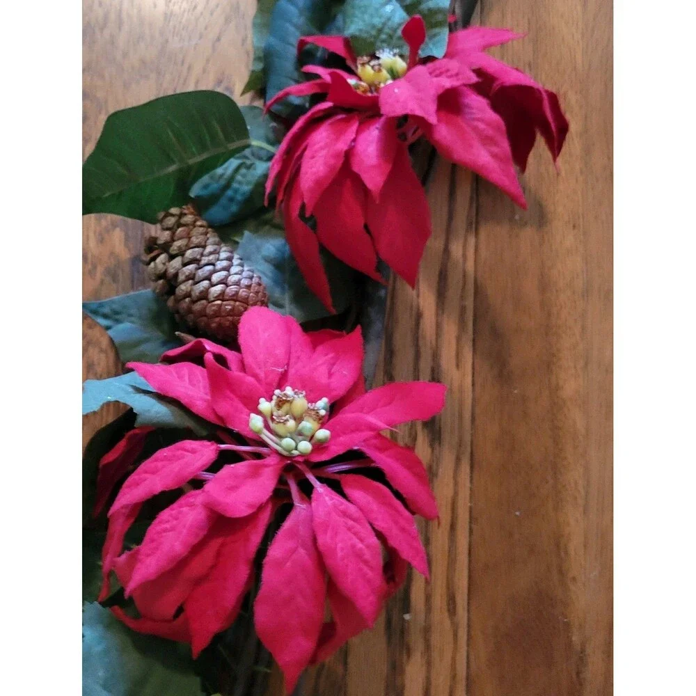 Red Poinsettia & Berry 6ft Mantel Door Stair Flower Swag Arrangement Christmas